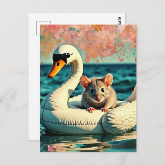 Adorable Mouse on a Swan Float Postkarte (Vorne/Hinten)