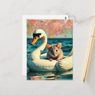 Adorable Mouse on a Swan Float Postkarte