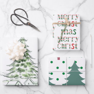 Adorable Muster Xmas moderne, trendige grüne Baum  Geschenkpapier Set
