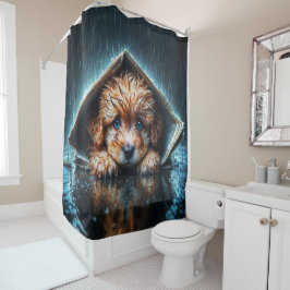 Adorable nasse Welpe unter Zeitungshütte Duschvorhang