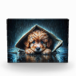 Adorable nasse Welpe unter Zeitungshütte Fotoblock