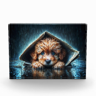Adorable nasse Welpe unter Zeitungshütte Fotoblock