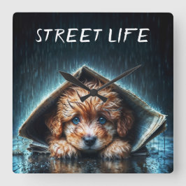 Adorable nasse Welpe unter Zeitungshütte Quadratische Wanduhr