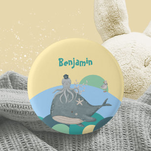 Adorable Nautical Whale Octopus Yellow Baby Dusche Button
