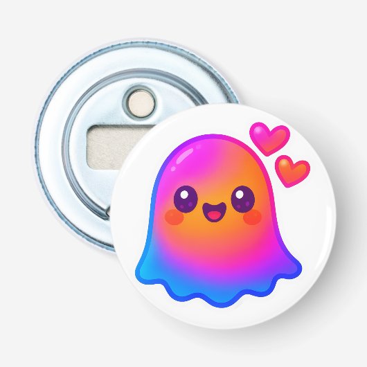 Adorable Neon Kawaii Ghost mit Gradient Glow und Flaschenöffner (Vorderseite)