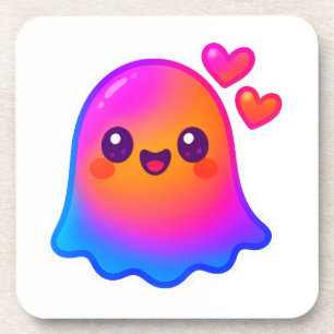 Adorable Neon Kawaii Ghost mit Gradient Glow und Getränkeuntersetzer
