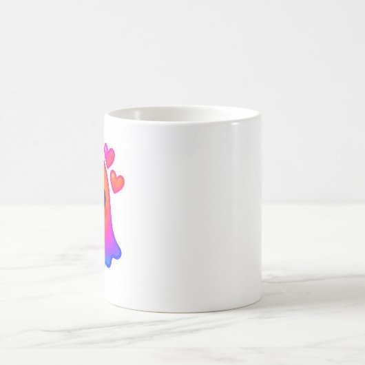 Adorable Neon Kawaii Ghost mit Gradient Glow und Kaffeetasse (Mittel)