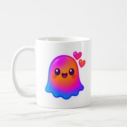 Adorable Neon Kawaii Ghost mit Gradient Glow und Kaffeetasse (Links)