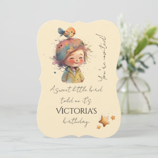 Adorable Neutral Pastel Gilrl Bird Stars Childhood Einladung