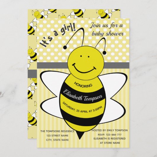 Adorable niedliche Bienendusche für Cartoon Einladung (Vorne/Hinten)