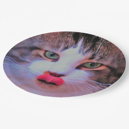 Adorable Niedliche Katze mit rosa Zunge Licken Lip Pappteller (Schrägansicht)
