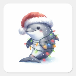 Adorable Niedliche Weihnachtsdolphin Quadratischer Aufkleber