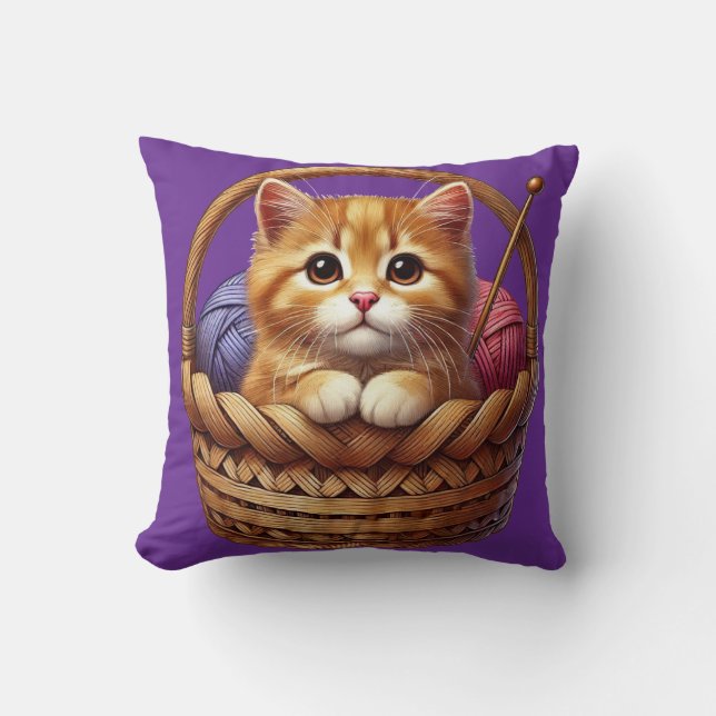 Adorable Orange Kitten in Basket mit Garn Kissen (Vorderseite)
