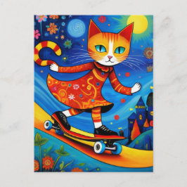 Adorable Orange Kitty in einem Kleid Skateboarding Postkarte