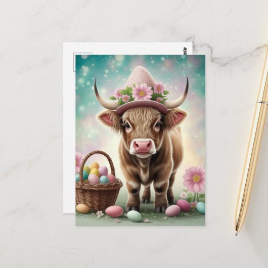 Adorable Osterbraun-Hochlandkuh Postkarte (Vorderseite/Rückseite Beispiel)