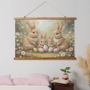 Adorable Osterbünen in Wiesenfrühlingstierart Wandteppich Mit Holzrahmen