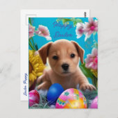 Adorable Osterwelpen, Blume und Eier Postkarte (Vorne/Hinten)