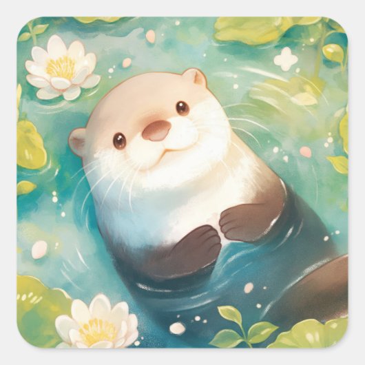 Adorable Otter Aufkleber mit Wasserlilien (Vorderseite)