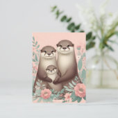 Adorable Otter Boho Pink Mama Vater und Baby Postkarte (Stehend Vorderseite)