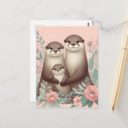 Adorable Otter Boho Pink Mama Vater und Baby Postkarte (Vorderseite/Rückseite Beispiel)