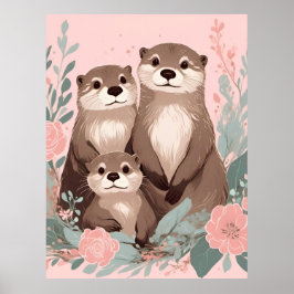 Adorable Otter Boho Pink Rose Mama Vater und Baby Poster