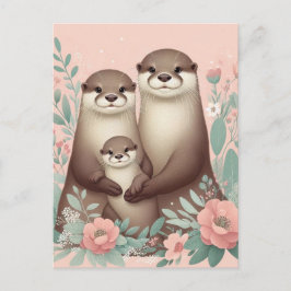 Adorable Otter Boho Pink Rose Mama Vater und Baby Postkarte