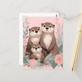 Adorable Otter Boho Pink Rose Mama Vater und Baby Postkarte