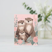 Adorable Otter Boho Pink Rose Mama Vater und Baby Postkarte (Stehend Vorderseite)