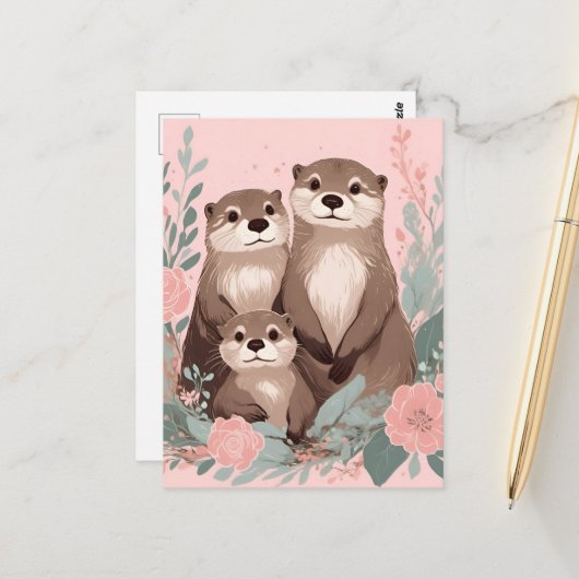 Adorable Otter Boho Pink Rose Mama Vater und Baby Postkarte (Vorderseite/Rückseite Beispiel)