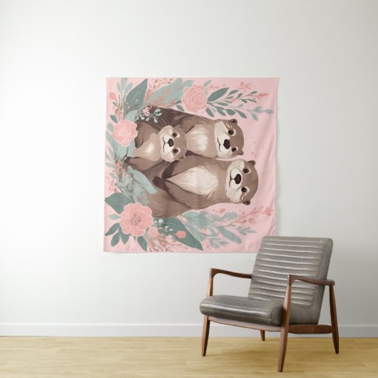 Adorable Otter Boho Pink Rose Mama Vater und Baby Wandteppich (Beispiel (Horizontal))