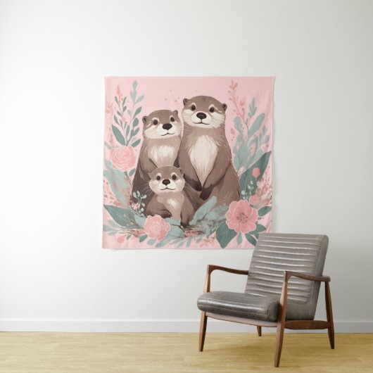 Adorable Otter Boho Pink Rose Mama Vater und Baby Wandteppich (Beispiel)