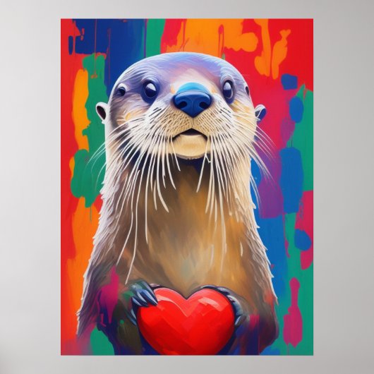 Adorable Otter Holding Red Heart Valentinstag Poster (Vorne)