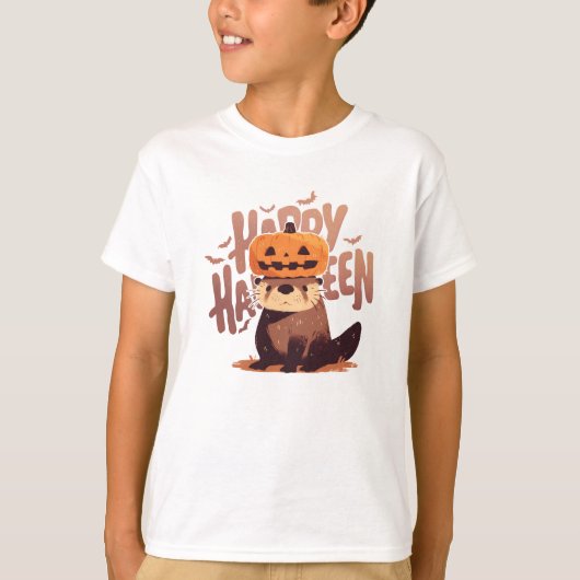 Adorable Otter mit Kürbishut - Happy Halloween T-Shirt (Vorderseite)