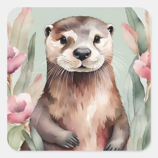 Adorable Otter Wasserfarbe Quadratischer Aufkleber (Vorderseite)