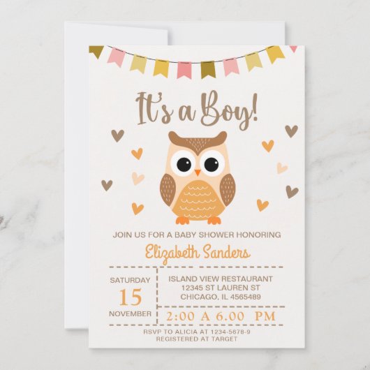 Adorable Owl Baby Shower Invitation – 'It's a Boy' Einladung (Vorderseite)