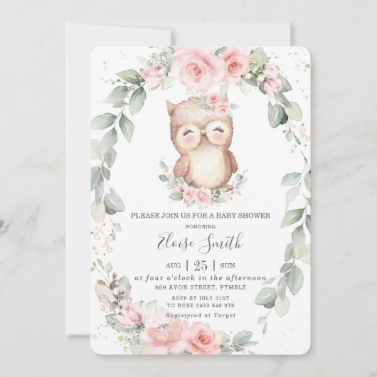 Adorable Owl Rosa Blumengrün Babydusche Einladung (Vorderseite)