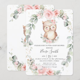 Adorable Owl Rosa Blumengrün Babydusche  Einladung