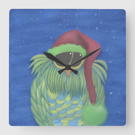 Adorable Owl with Santa Hat Quadratische Wanduhr (Vorderseite)