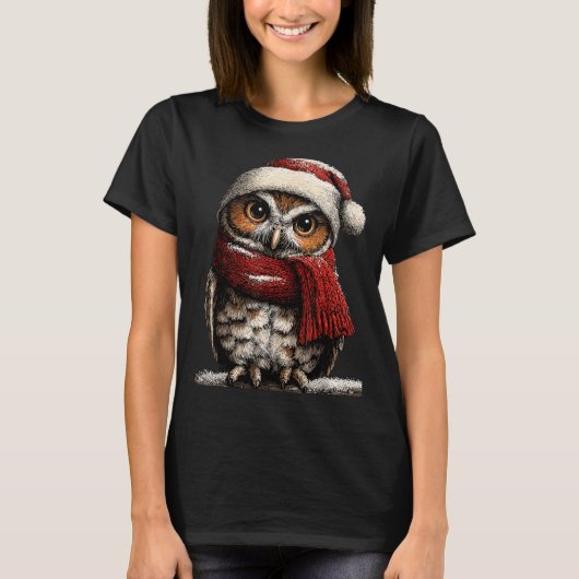 Adorable Owl With Santa Hat Snowy Winter Christmas T-Shirt (Vorderseite)
