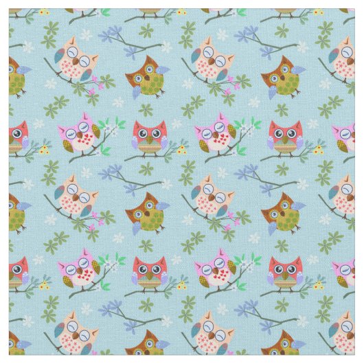 Adorable Owls auf blauem Hintergrund Stoff (Nahaufnahme)