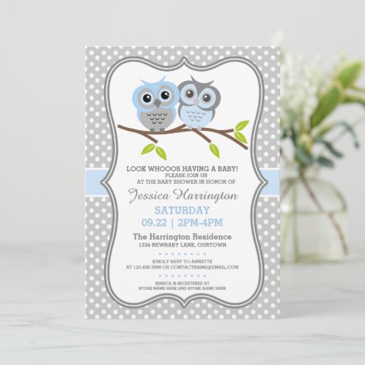 Adorable Owls Baby Dusche Einladung (Stehend Vorderseite)