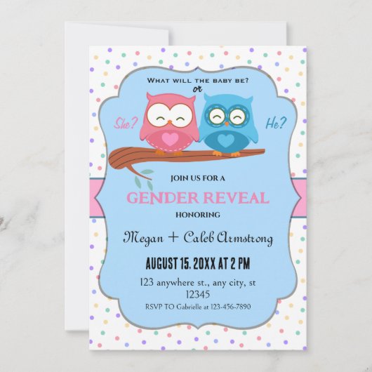 Adorable Owls Gender Reveal Einladung (Vorderseite)