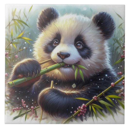 Adorable Panda Bären essen Bambus Fliese (Vorderseite)