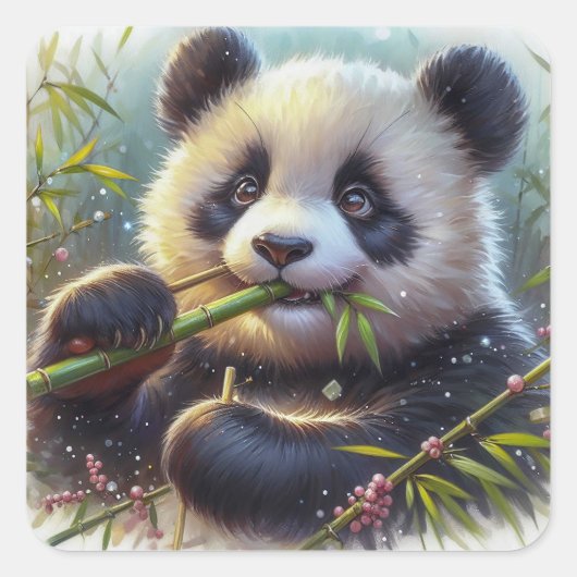 Adorable Panda Bären essen Bambus Quadratischer Aufkleber (Vorderseite)