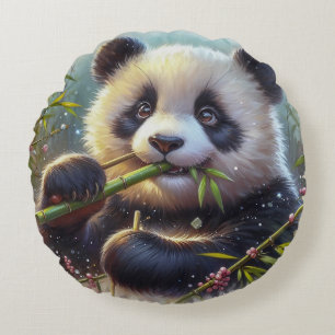 Adorable Panda Bären essen Bambus Rundes Kissen