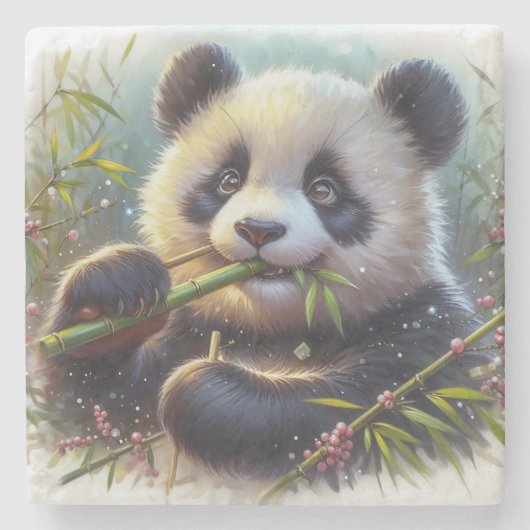 Adorable Panda Bären essen Bambus Steinuntersetzer (Vorderseite)