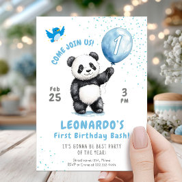 Adorable Panda Blue Balloon 1. Geburtstag Einladung