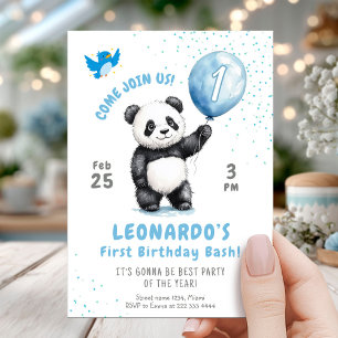 Adorable Panda Blue Balloon 1. Geburtstag Einladung