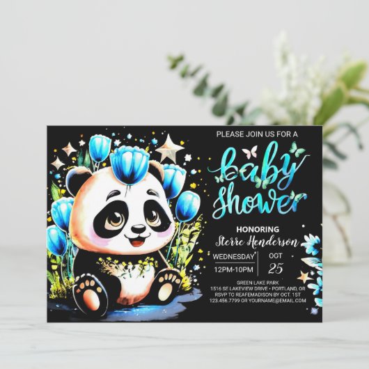 Adorable Panda Dreamland Journey Boy Baby Dusche Einladung (Stehend Vorderseite)