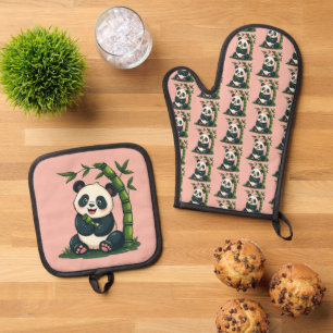 Adorable Panda Hugging Bamboo Niedlicher Cartoon K Ofenhandschuh & Topflappen-Set